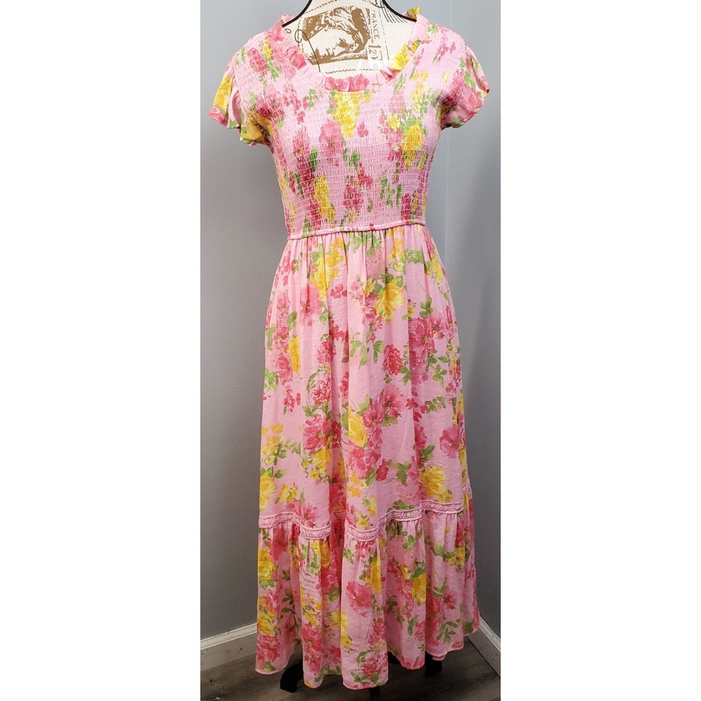 By The River Maxi Dress Womens M Multi Floral Lined Smocked Bodice Ruffle Hem